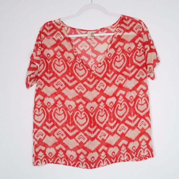 Francesca's Birdcage Womens Sheer Blouse Size Small Red Tribal Print Boho Hippie - Picture 1 of 7